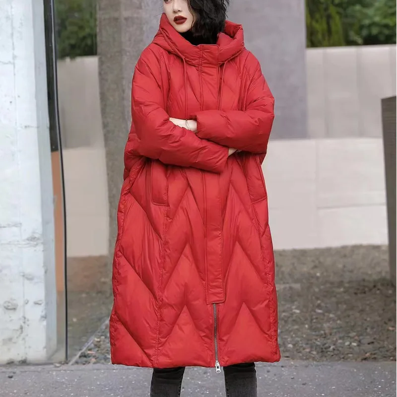 Women's Clothing Down Jacket New Style White Duck Down Thickened Below The Knee Fashionable Loose Fit Stylish Plus Size Warm