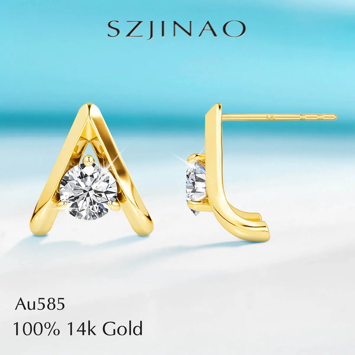 

14K Gold V Shape Moissanite Stud Earrings D Color Round Brilliant Cut with Certificate for Women Wedding Party Fine Jewelry Gift