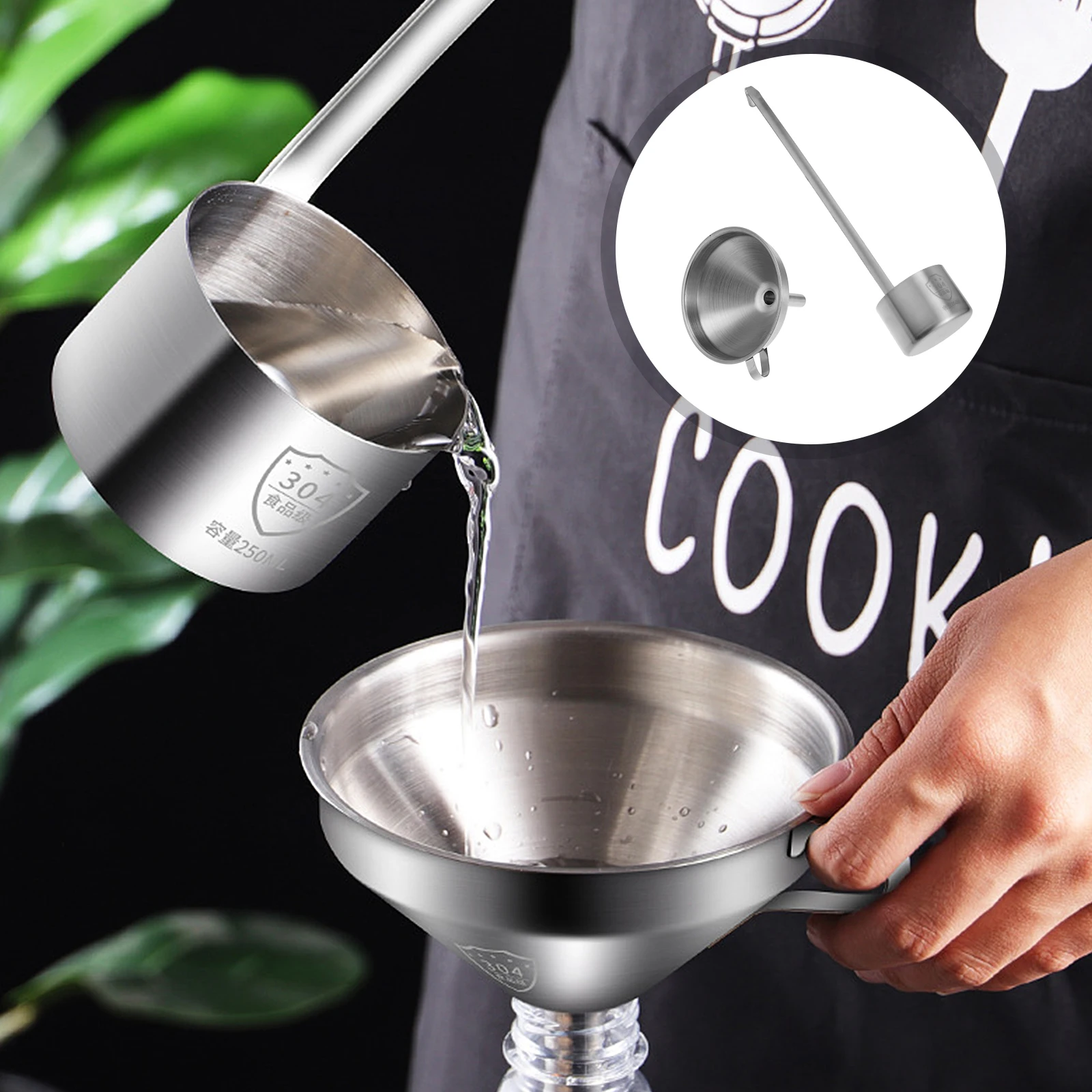 

1 Set Stainless Steel Wine Oil Funnel Kit Ladle For Sauce Edible Oil Liquid Kitchen Gadget Baking Filter Red Wine Funnel With