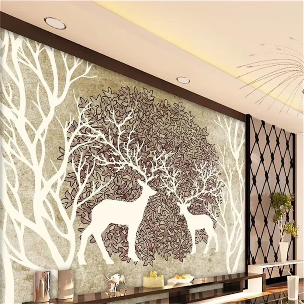 

Фотообои на заказ, большие настенные наклейки, 3D-наклейки в стиле ретро, ностальгические, с изображением лесного оленя, для декора дивана, декоративные наклейки-картины