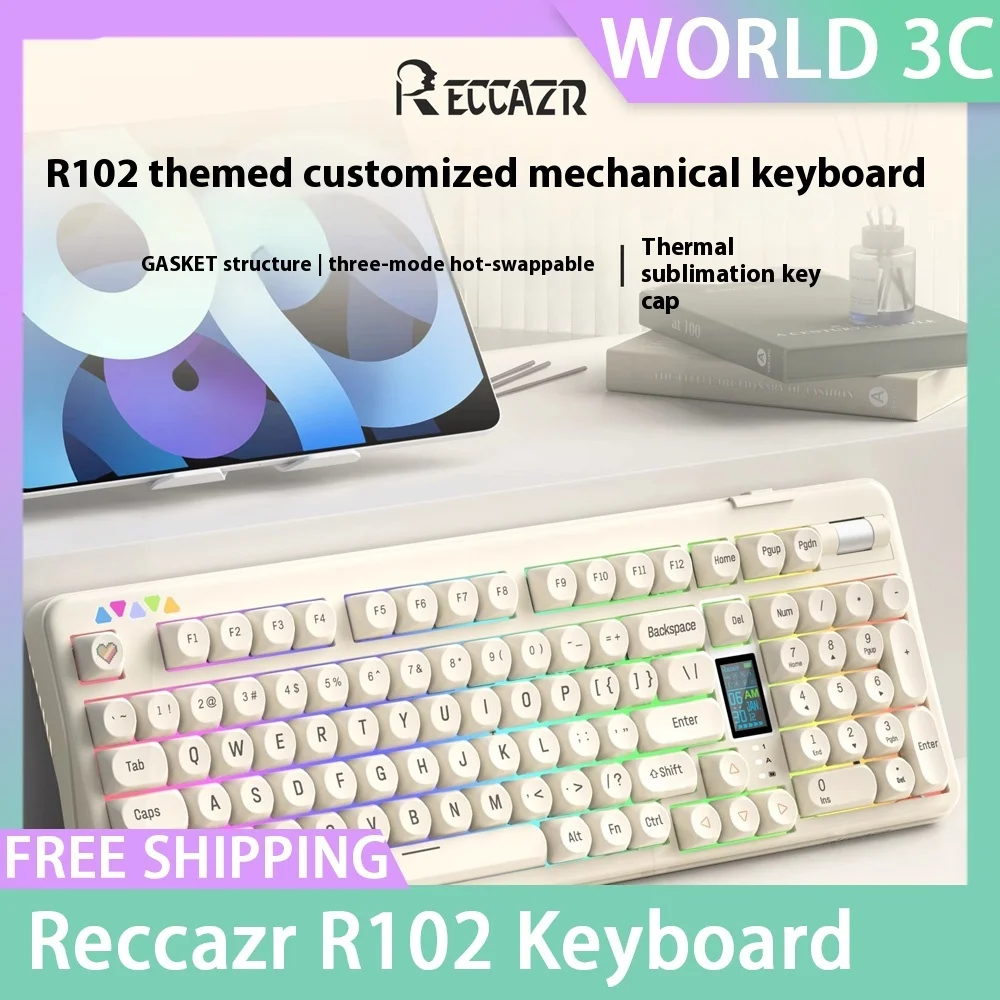 

Reccazr R102 колпачки для клавиш тофу, клавиатура, трехрежимная прокладка с возможностью горячей замены, механическая клавиатура RGB, индивидуальная геймерская клавиатура, подарки