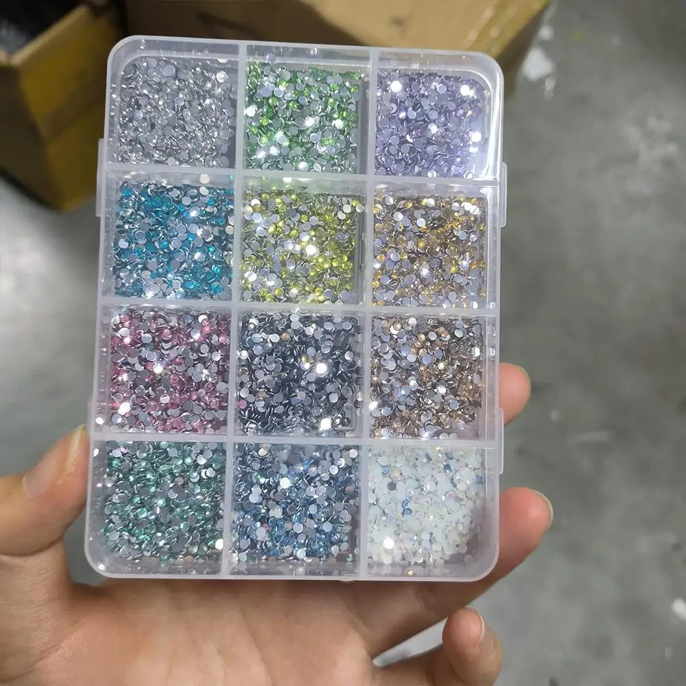 12 Siatek Kolorowych Okrągłych Cyrkonii do Paznokci 3D 2mm z Płaskim Spodem z Żywicy, Diamentowe Ozdoby do Paznokci & 1 szt. Szlifierka do Paznokci + Ostrzałka, Akcesoria do Paznokci