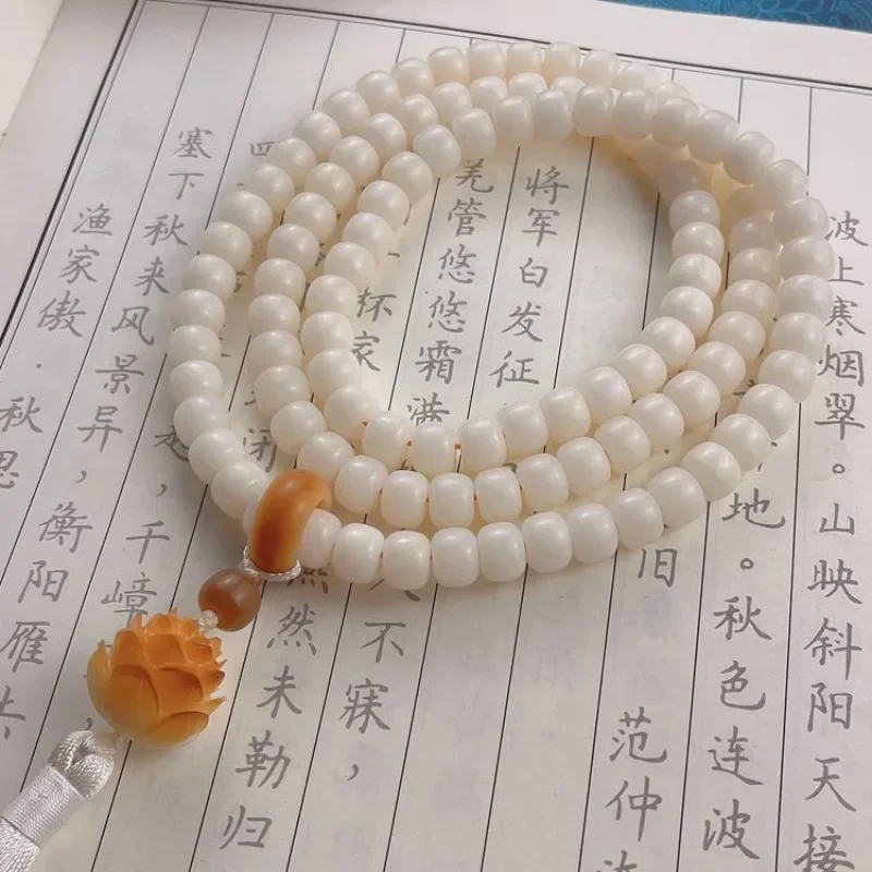 Natural White Jade Bodhi Root 108 Bracelets Running Rings Charcoal Burning Lotus Flowers Play chanting Beads Prayer HandString