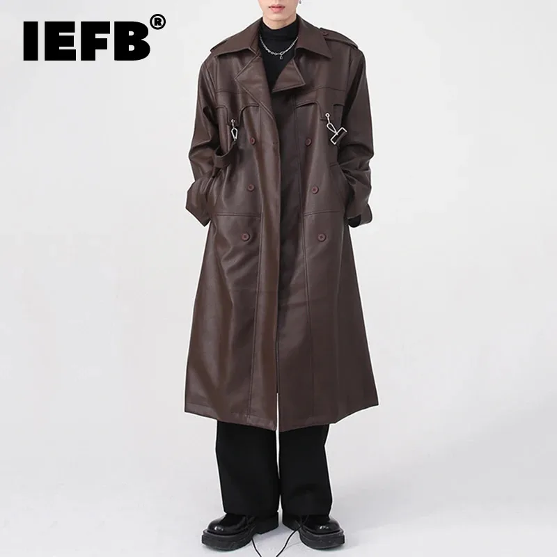 

IEFB Niche Design Men's Windbreaker PU Leather Metal Zippers Shoulder Pad Solid Color Male Trench New Fashion Autumn 2024 9A6183