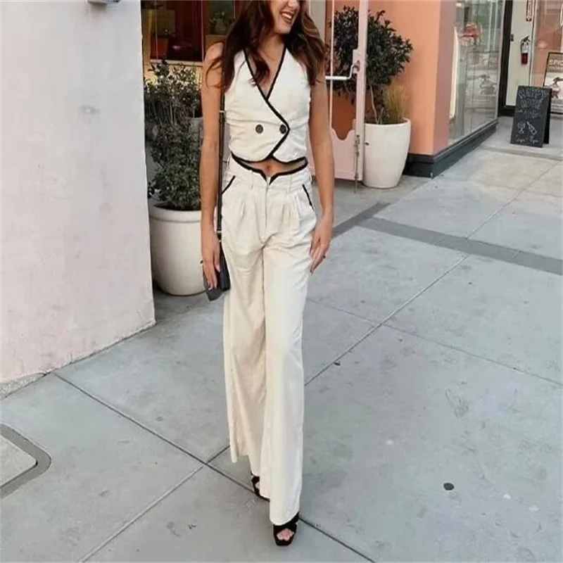 Fashion temperament V-neck vest vest women\'s high waist straight wide leg pants spring and summer new high-end suit