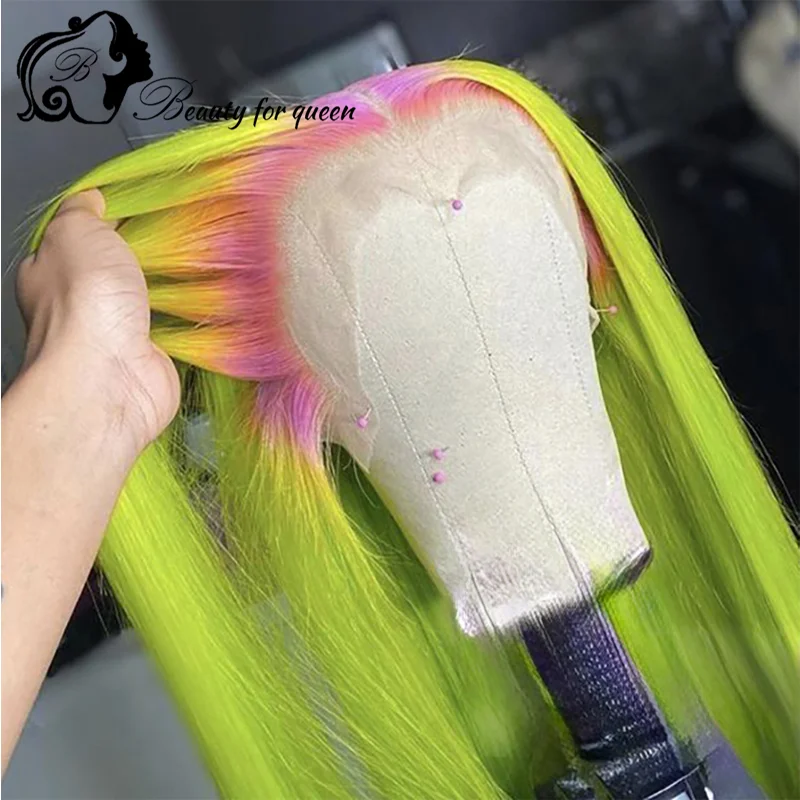 Brazilian 200% Density Cosplay Human Hair Wig Mint Green Grey Pink Purple Long Straight Colored Lace Frontal Wigs Wear And Go