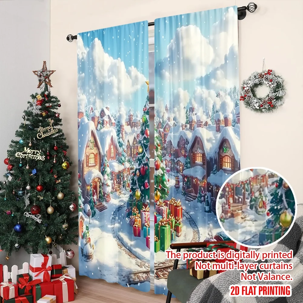 2 قطعة 2D الطباعة المسطحة عيد ميلاد سعيد الستائر الشتاء العجائب شجرة عيد الميلاد المشهد الرقمية المطبوعة البوليستر الستائر الأسرة #4