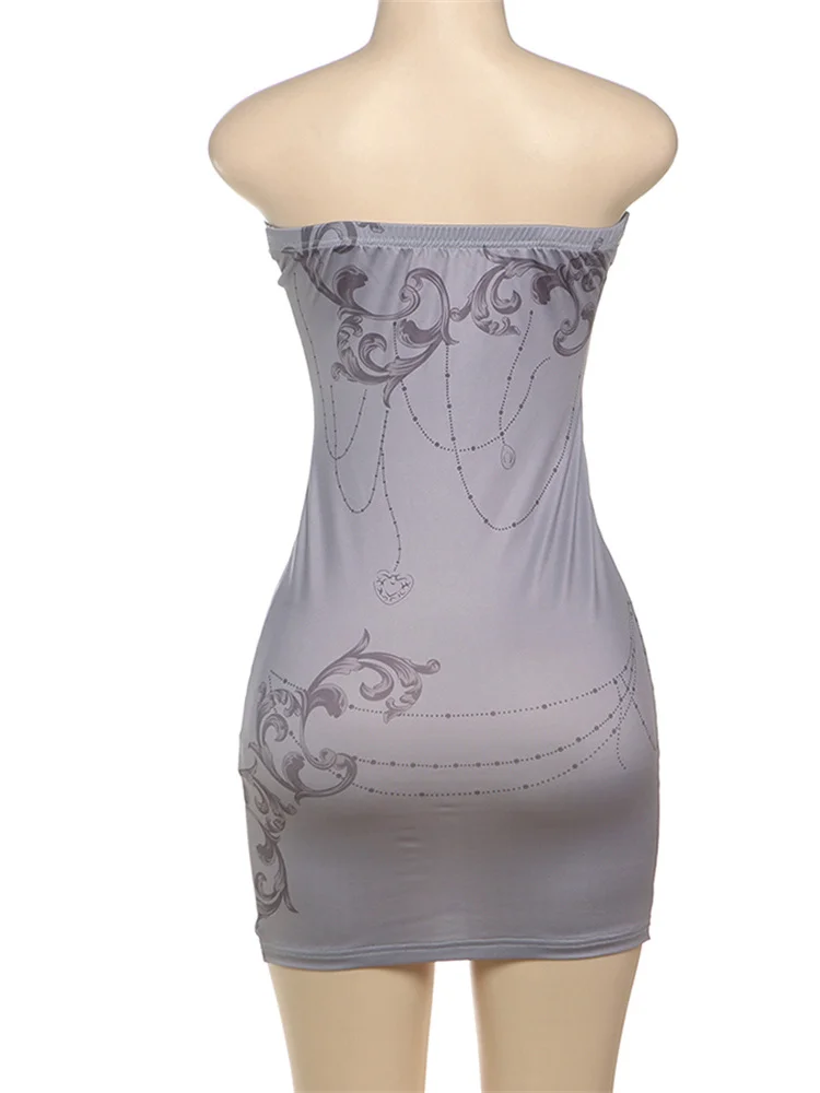 Nibber Patchwork Metal Rings Dress Women Skimpy Backless Strapless Graphic Print Sexy Slim Midnight Clubwear Party Mini Bodycon