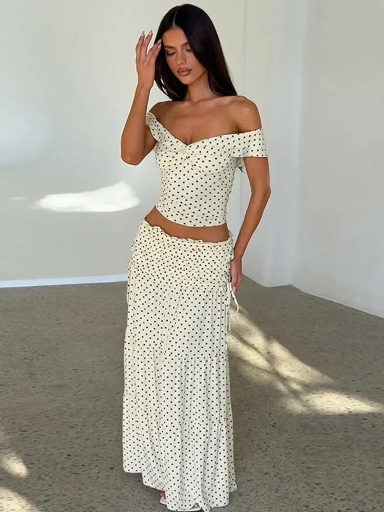 Sexy Polka Dot Skirt 2 Pieces Set Women Side Bow Off-shoulder Strapless T-shirt Top And Fashion Slim Skirt Matching Set