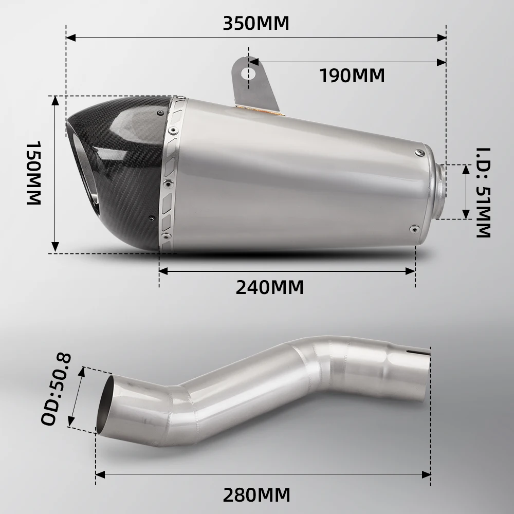 Universal Motorcycle Exhaust System, 51mm Inlet Carbon Fiber Muffler With Mid-Link Pipe And DB Killer For Universal Bike Modifi