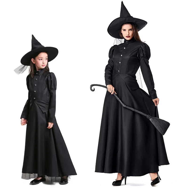 Halloween Witch Costume for Adults And Kids Matching Black Long Dress with Witch Hat Parent-Child Cosplay Outfit for Carnival
