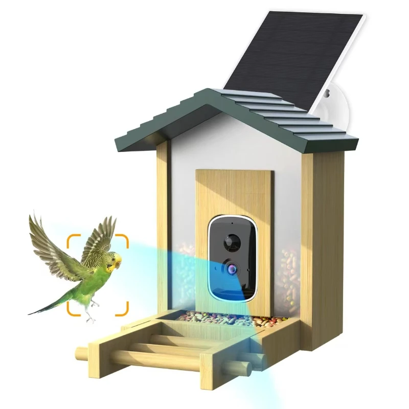 4K AI Bird Feeder Came ra Outdoor Waterproof Bamboo Design Smart Solar Powered Wood Automatic Feeder for Bird Watching