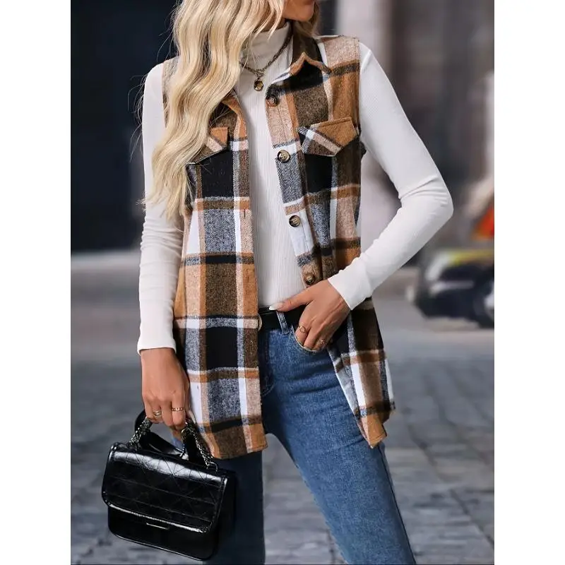 Latest Fashion Trend Women's Plus Size Plaid Print Folding Details Sleeveless Top Coat Women's Plaid Top Coat