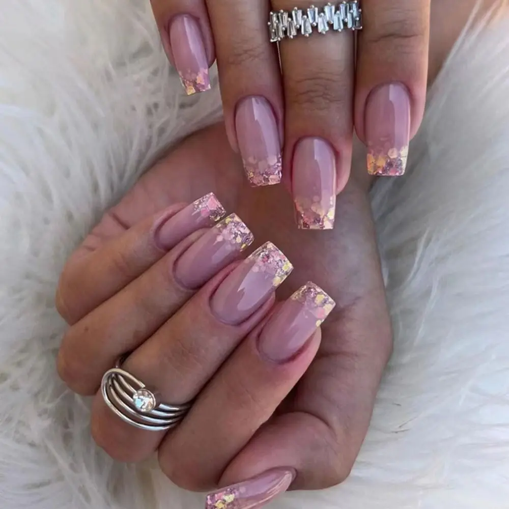 Fashion Long Square False Nails Glitter Aurora French Press on Nails Full Cover Detachable Fake Nials Women Girls