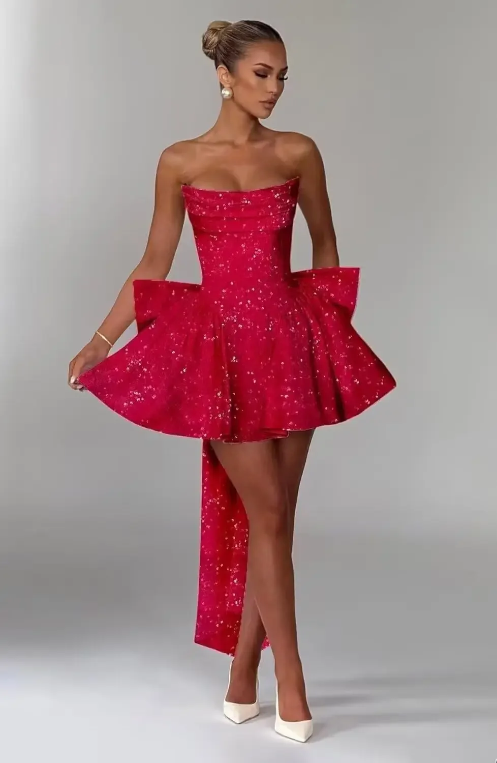 Robe de remise de diplôme courte avec corset, ligne A, robe de soirée de Cocktail, robes de soirée à paillettes avec nœud, sans bretelles