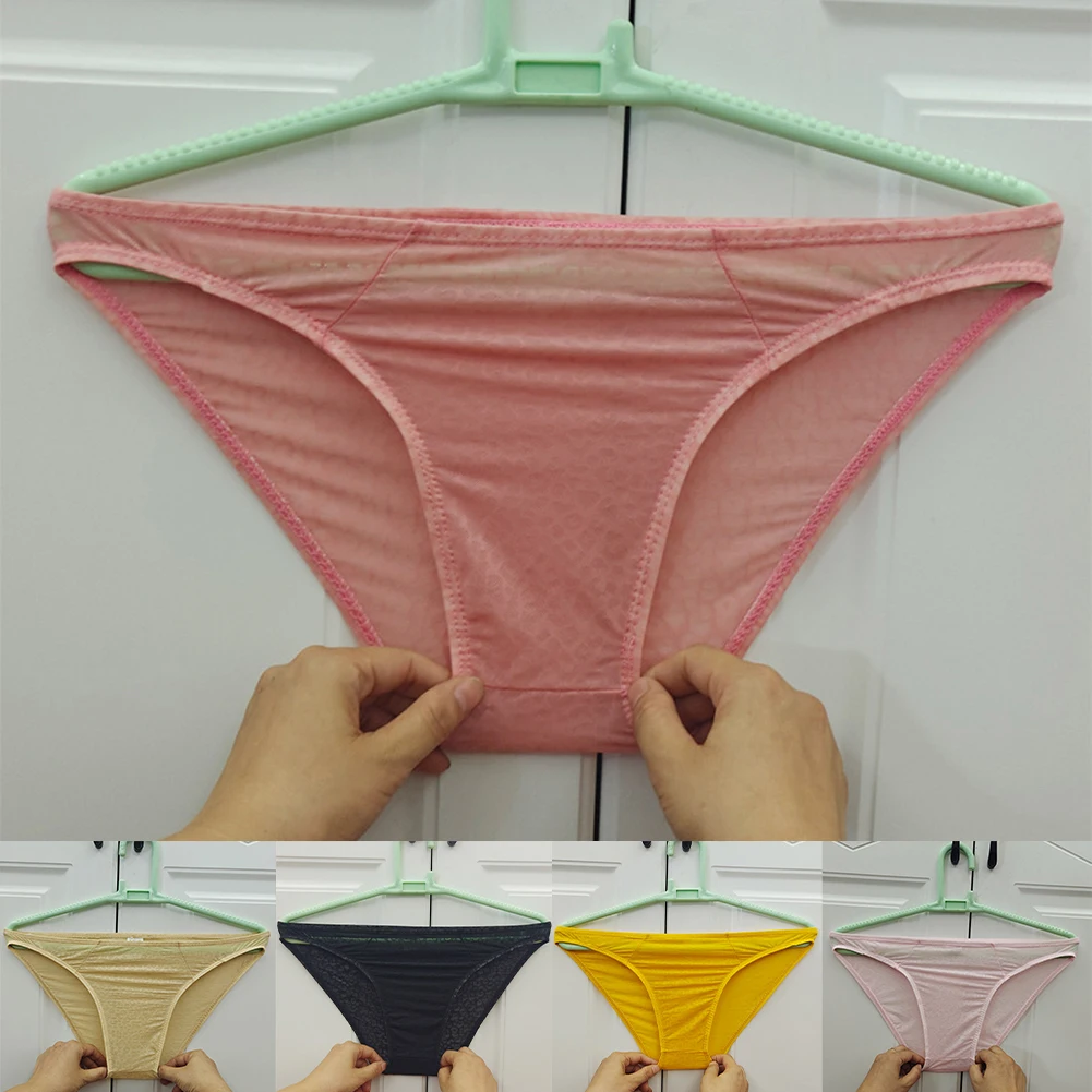 1pc Stretch Cooling Panties Men Jacquard Ice Silk No Pouch Briefs Translucent Soft Low Waist Underwear Man
