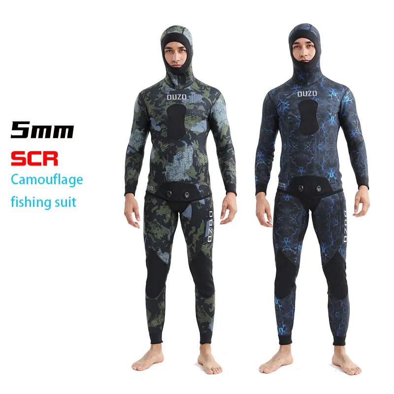 Traje de buceo de camuflaje con capucha para hombre, traje de neopreno de 5MM, traje de pesca de protección cálida para invierno, ropa de buceo de