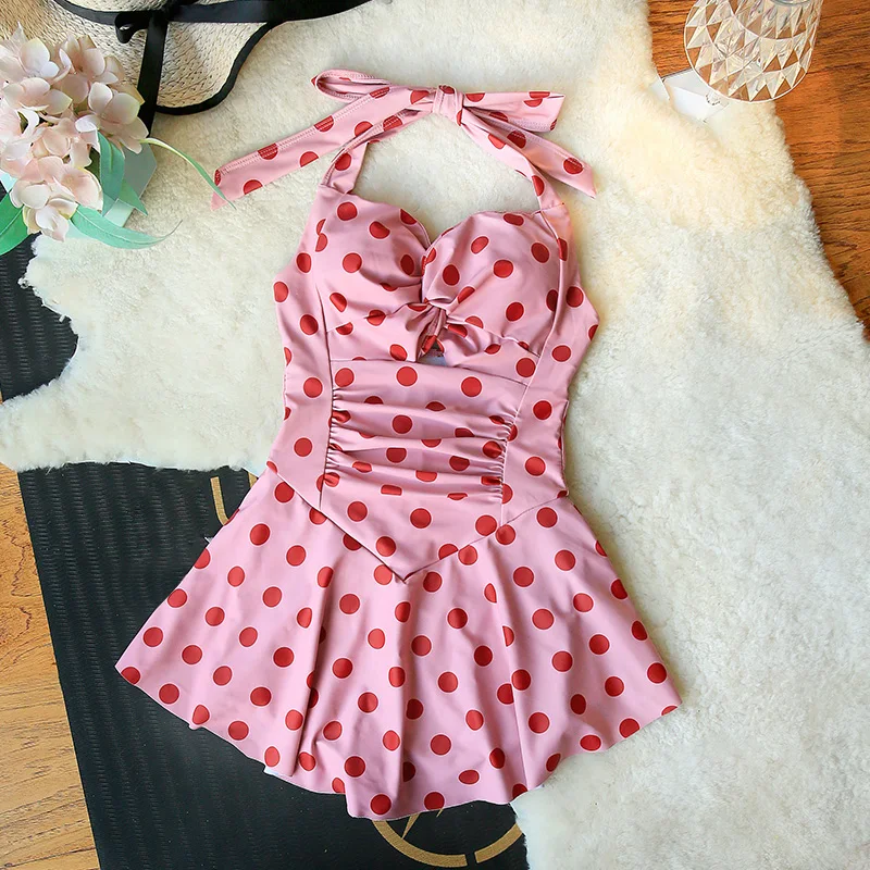 

Women Swimsuit Dress Pink Polka Dot Backless Bathing Suit Cute Girl One-piece Swimwear