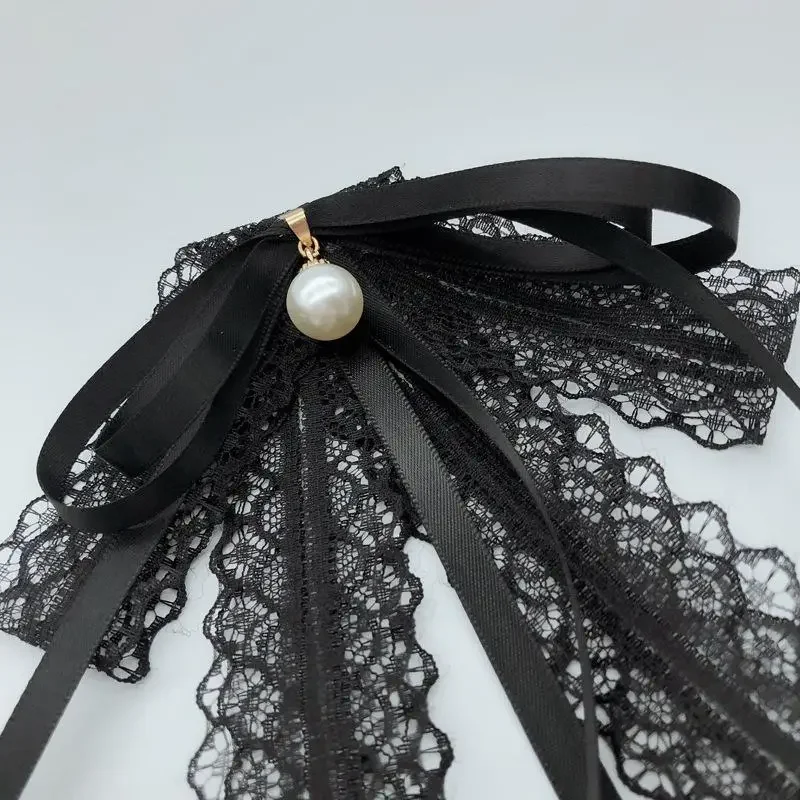 Fashion Black Lace Ribbon Bow Tie Pearl Pendant Brooch Women Shirt Collar Clothes Necktie Decoration Accessories