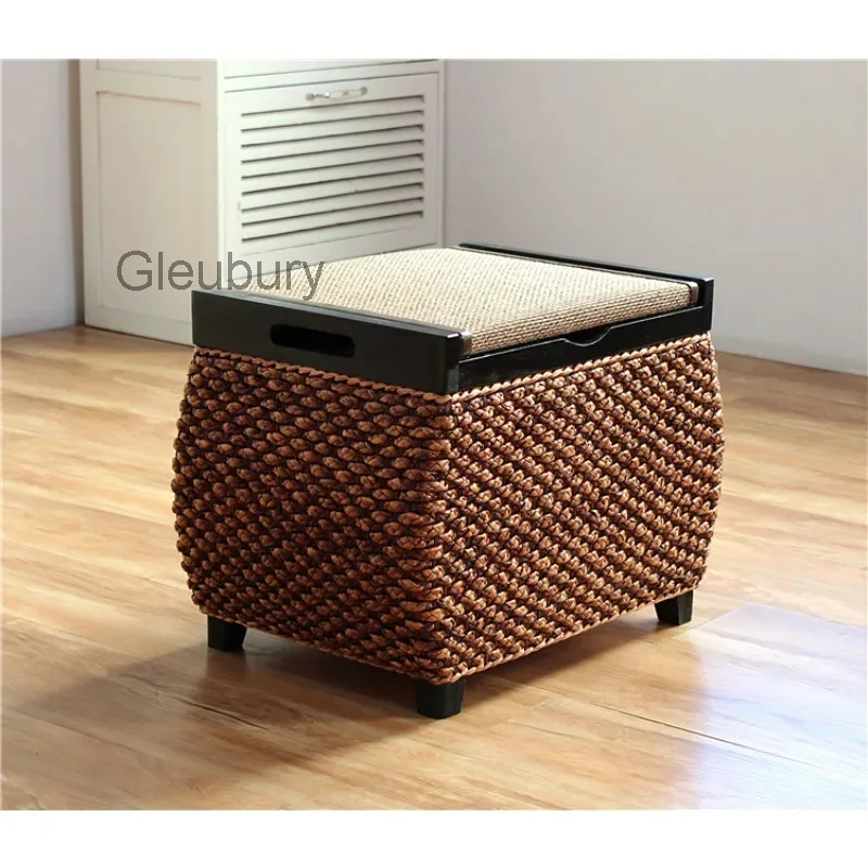 Rattan Storage Stool Storage Stool Solid Wood Storage Box Shoe Stool Home Can Sit Sofa Stoosl Door Shoe Stools
