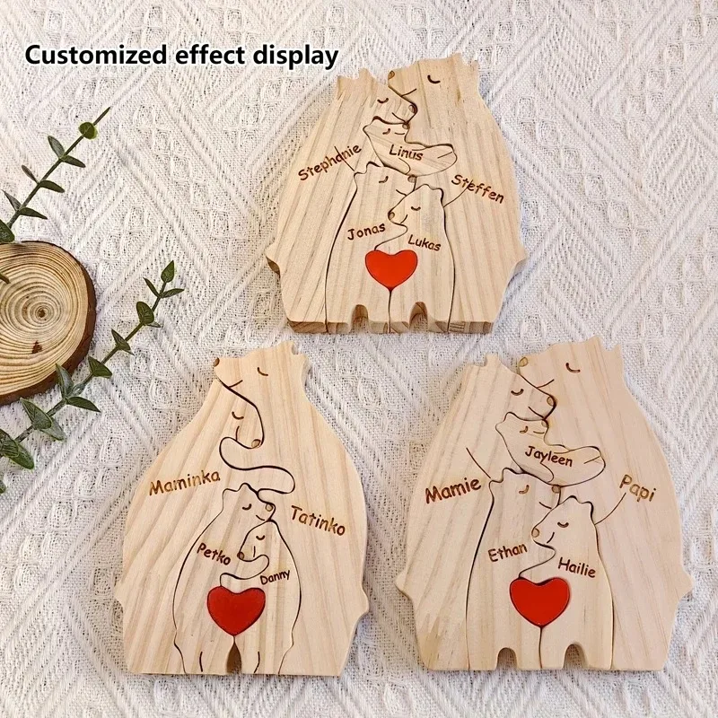Home Decor Thanksgiving Christmas Art Wooden Bear Family Puzzle Personalized Name Custom Heartwarming Art Gift for Baby Mom