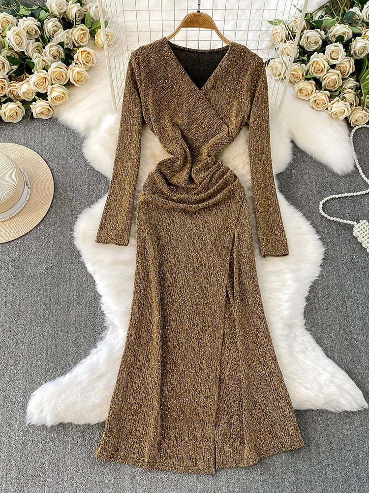 

Женское осеннее платье высокого класса с перекрестным v-образным вырезом, инкрустация золотыми бриллиантами, элегантное сексуальное платье с разрезом для вечеринок и клубов, женское платье миди DS233