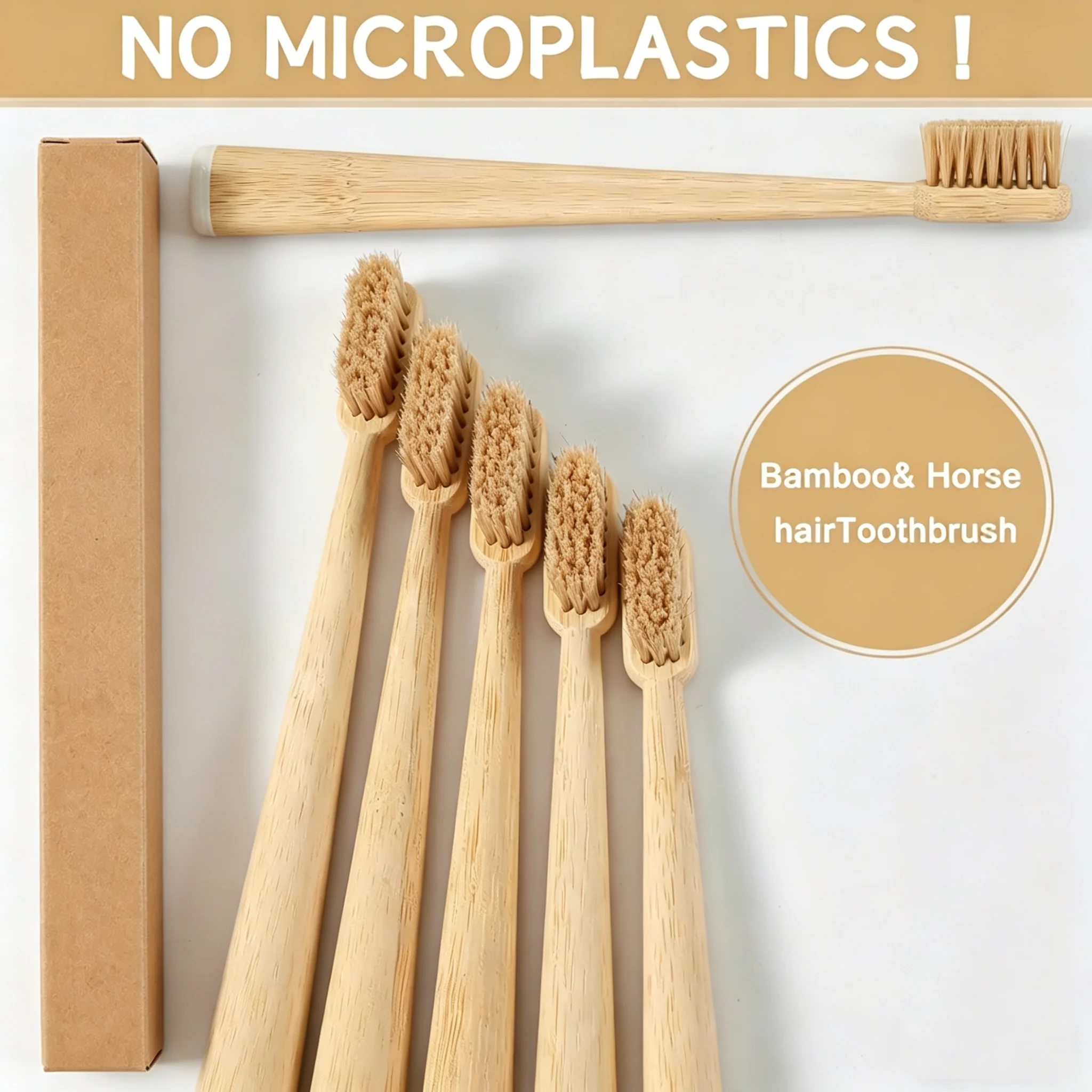 Plastic-Free Bamboo & Horse Hair Toothbrush Set - 50 Pack, 100% Compostable, Toxin-Free Soft Natural Horsehair for Sensitive Gum