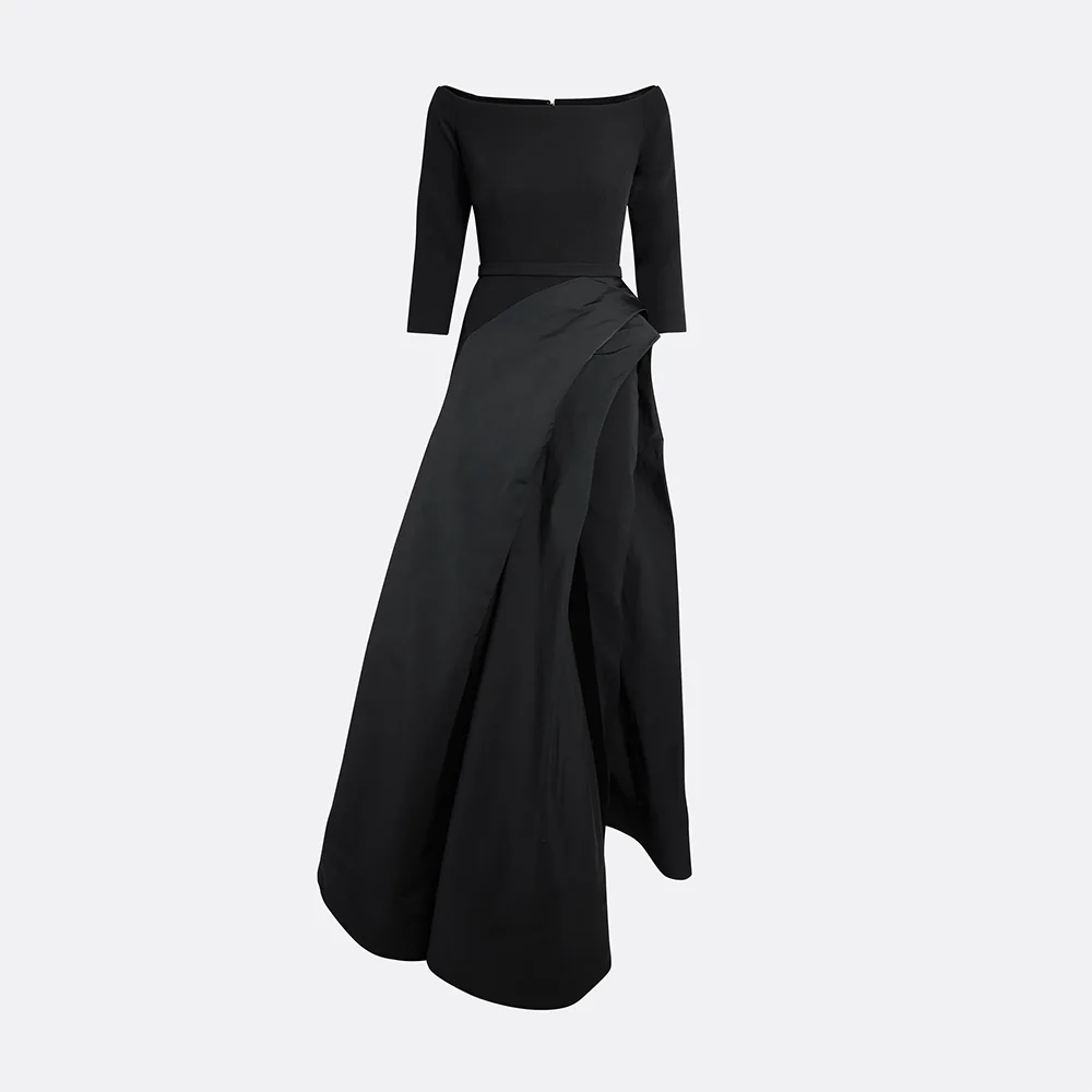 Schwarzes Abendkleid, maßgeschneidert, schulterfrei, 3/4-Ärmel, Abendkleider für Damen, 2022, A-Linie, Oberschenkelschlitz, lange Ballkleider
