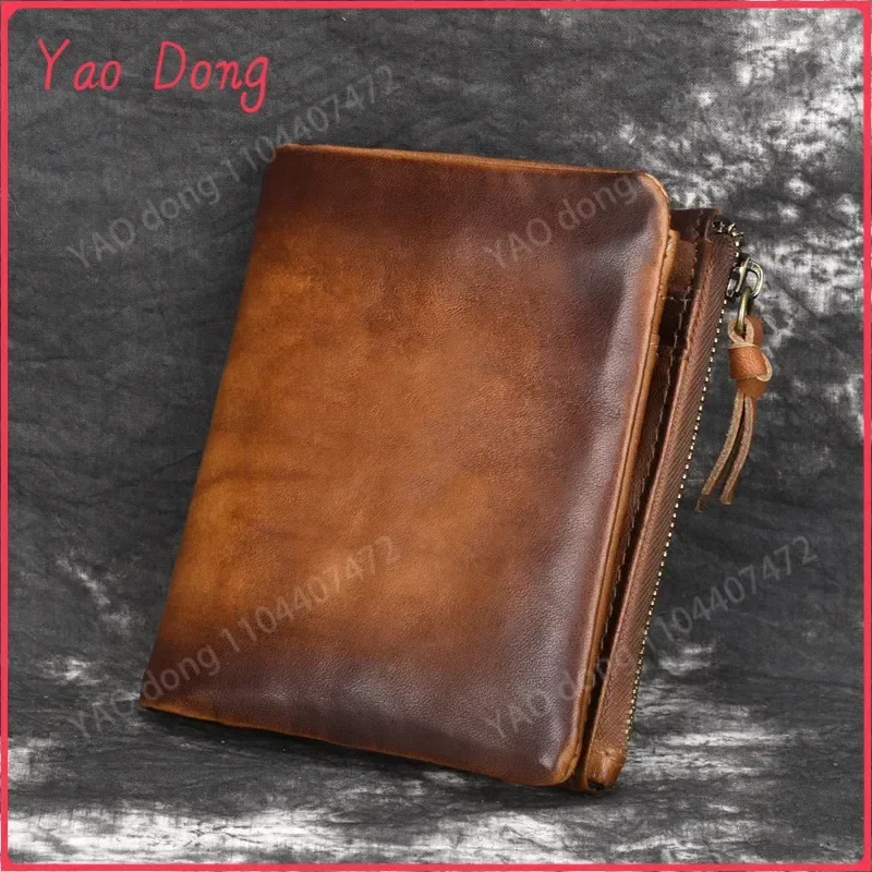 Yao Dong Cowhide retro double zipper men's wallet genuine leather retro top layer cowhide men's bag casual zero wallet