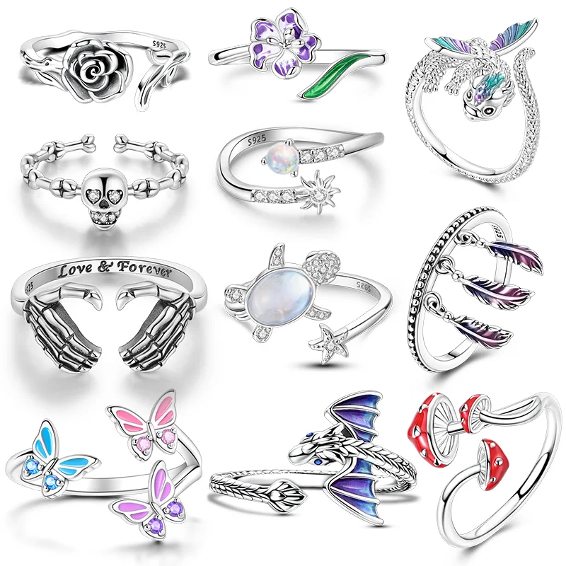 Anillos originales para mujer, anillo abierto con forma de rosa brillante, mariposa, tortuga, calavera, dragón de fuego, joyería de compromiso, regalo de aniversario