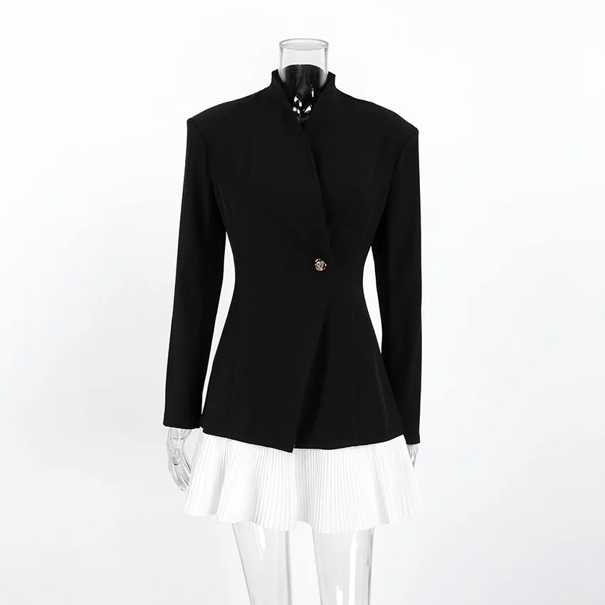 FANAN Elegant Spliced Design Contrast Color Blazers For Women Single Button Gathered Waist Fit Coats Female 2026 Spring New