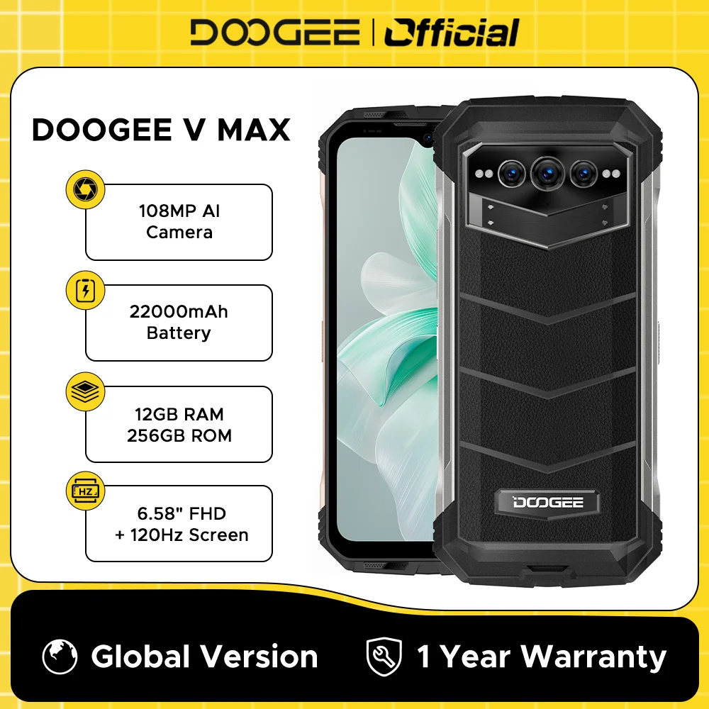 DOOGEE V Max 5G 견고한 휴대폰, 22000mAh, 12GB + 256GB 핸드폰, 108MP 카메라 휴대폰, 120Hz 디멘시티 1080, 고해상도, 월드 프리미어 