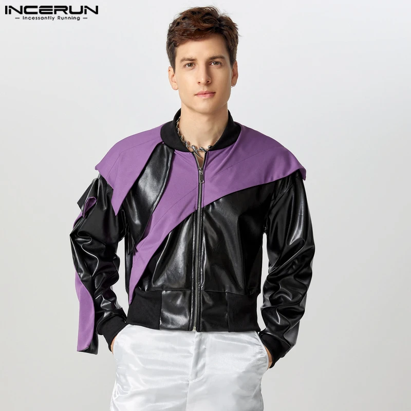 INCERUN Fashion New Men's Tops Spliced Contrast PU Silhouette Jackets Leisure Party Show Male Hot Sale Long Sleeved Jackets Coat