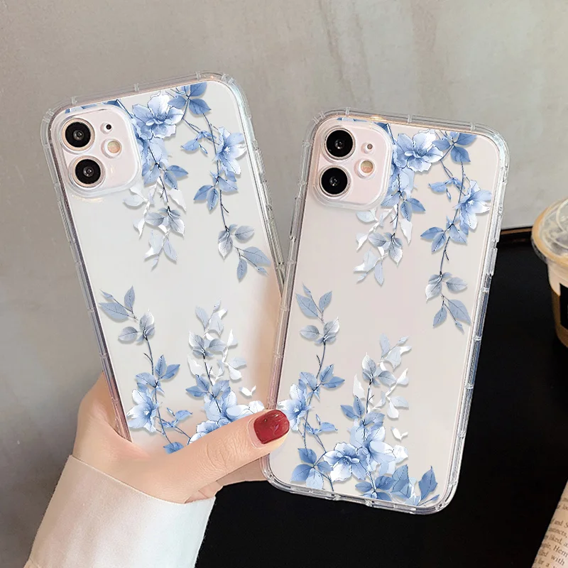 Прозрачный чехол для телефона с синим цветком для iPhone 15 Pro Max 17 Air 17 Pro 14 iPhone 16 12 13 11, силиконовый противоударный чехол