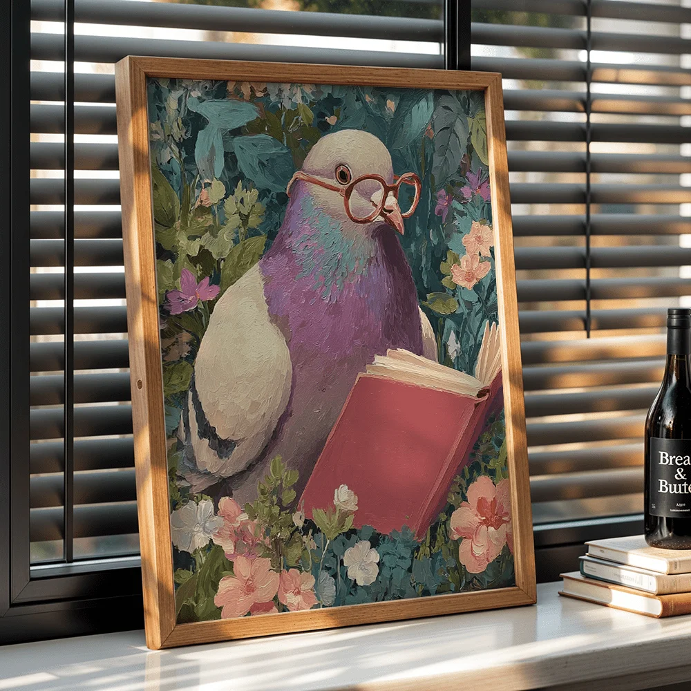 Abstract Pigeon With Glasses Among Flowers Canvas Poster Wall Hanging, Oil Painting Style Wall Art For Living Room Bedroom, Boho