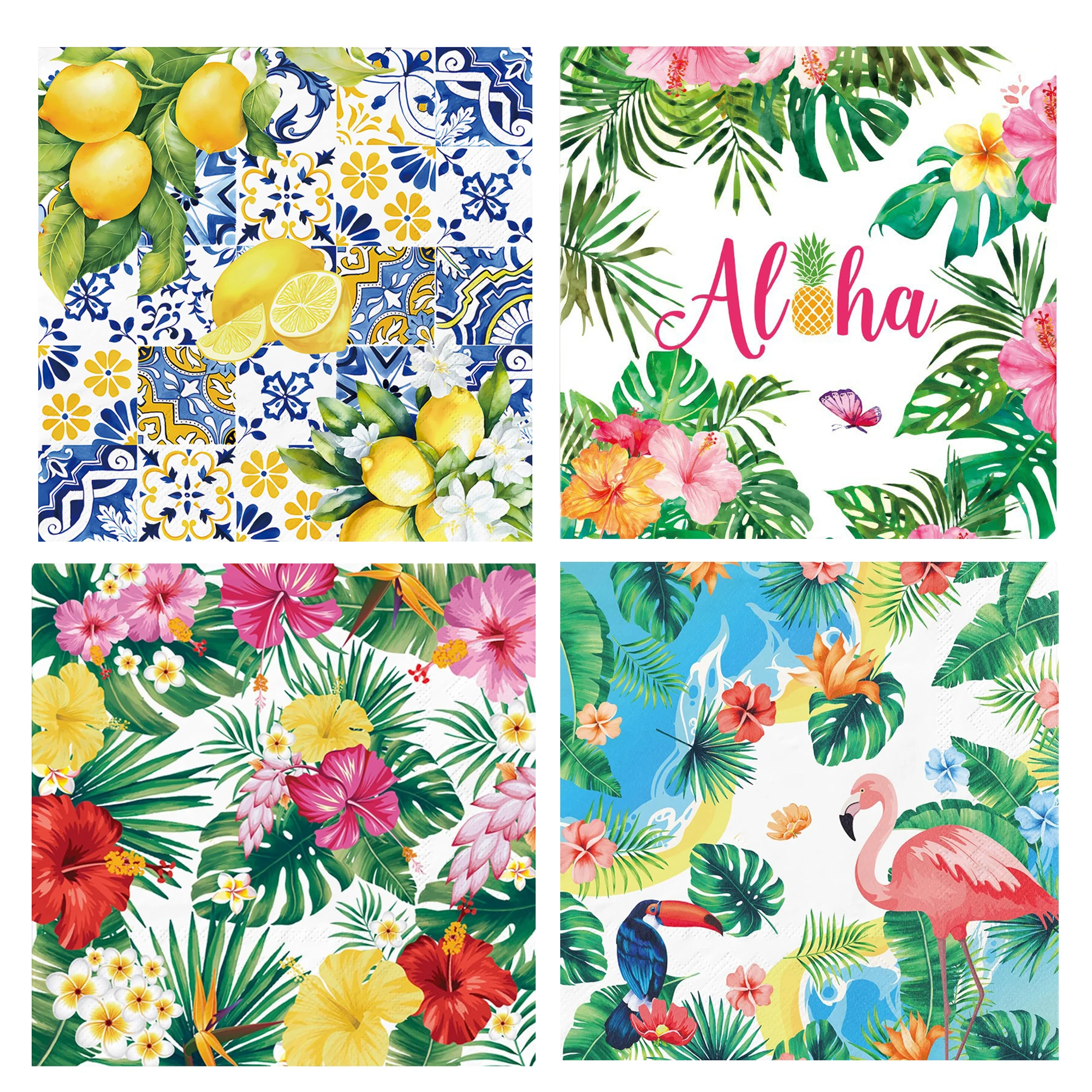 Servilletas con diseño de hojas de palma tropicales y flamencos, servilletas de verano, decoraciones, servilletas de papel con diseño de limón, servilletas desechables, suministros para fiestas en la piscina