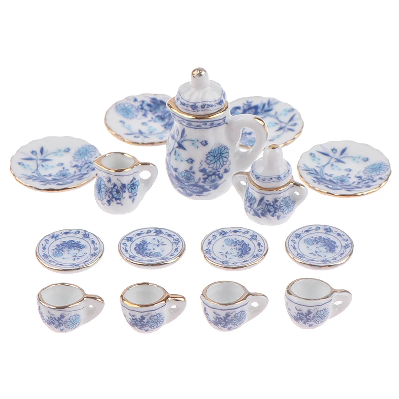 15Pcs 1:12 Dollhouse Miniature Tableware Porcelain Ceramic Tea Cup Set