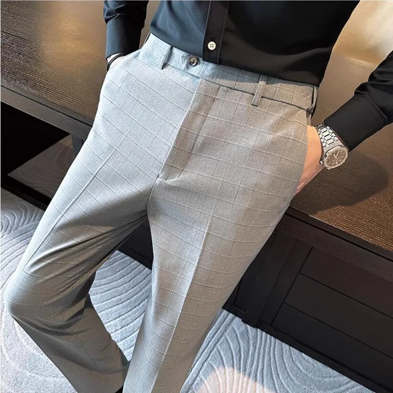 

New Elastic Waist Men Casual Plaid Suit Pants Fashion Men's Slim Business Social Dress Pants Formal Wedding Party Male Trousers