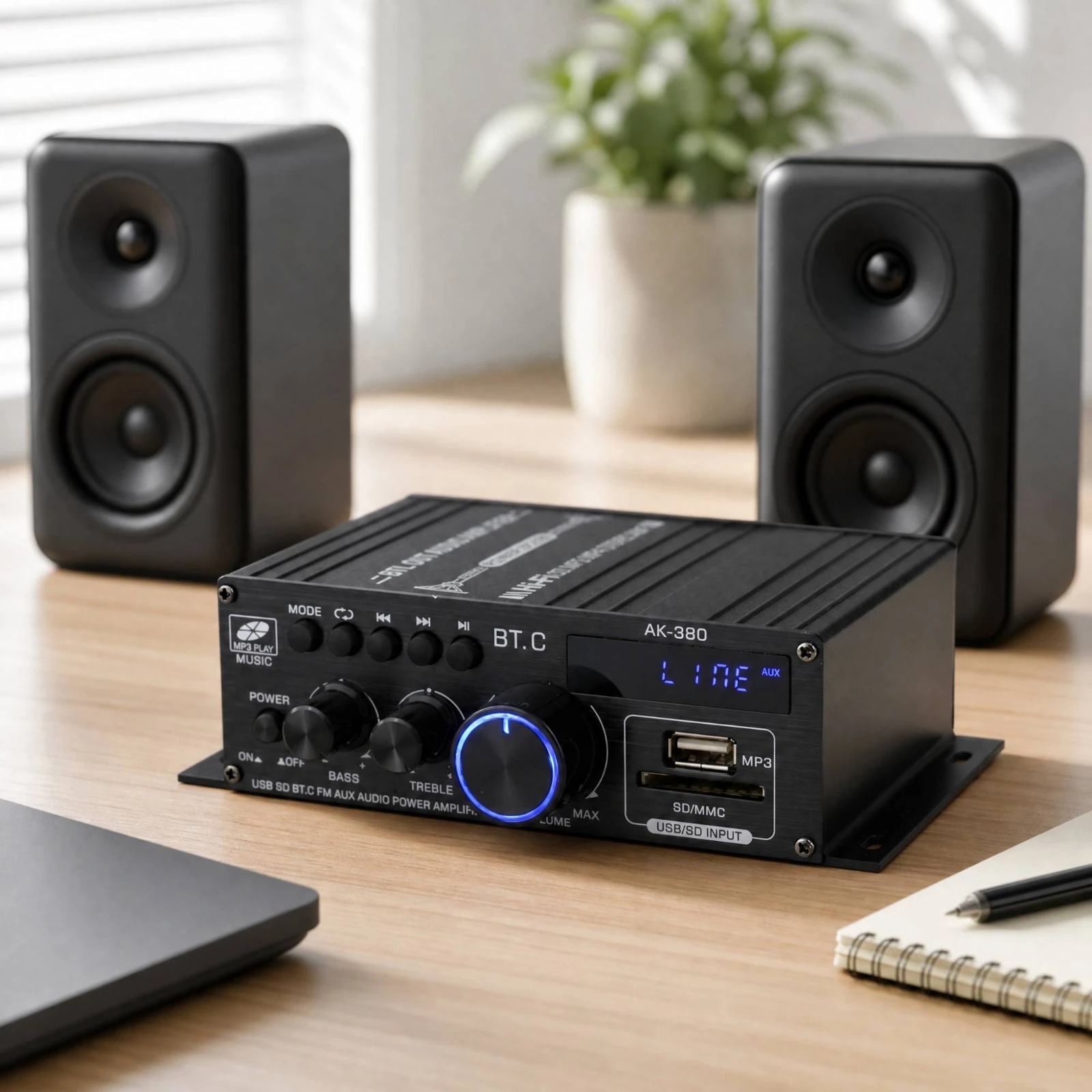 Stereo Amp with Frequency Modulation Tuner Compact Model 380-380 Power Amplifier for Desktop Speaker Systems