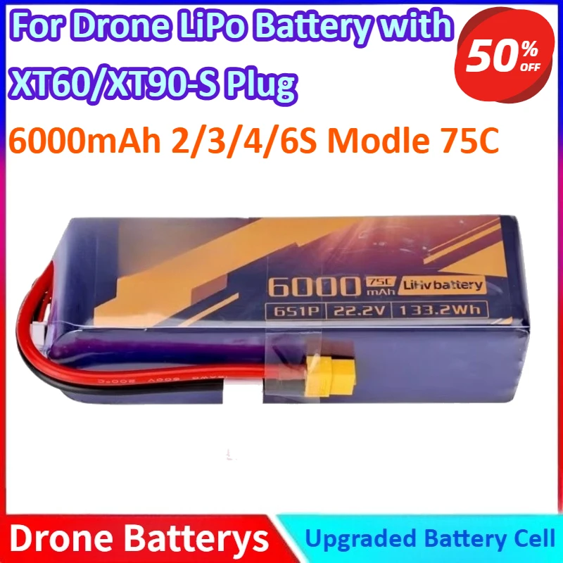 

6000mAh 2/3/4/6S 75C High-Capacity High-Discharge LiPo Battery for RC Aircraft, FPV Drones, & Multirotors with XT60/XT90-S Plug
