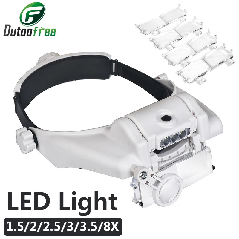 Head Mounted lornetka lupa lupa z 3led podświetlany pałąk lupa 1.5X2X2.5X2X3.5X8X do czytania