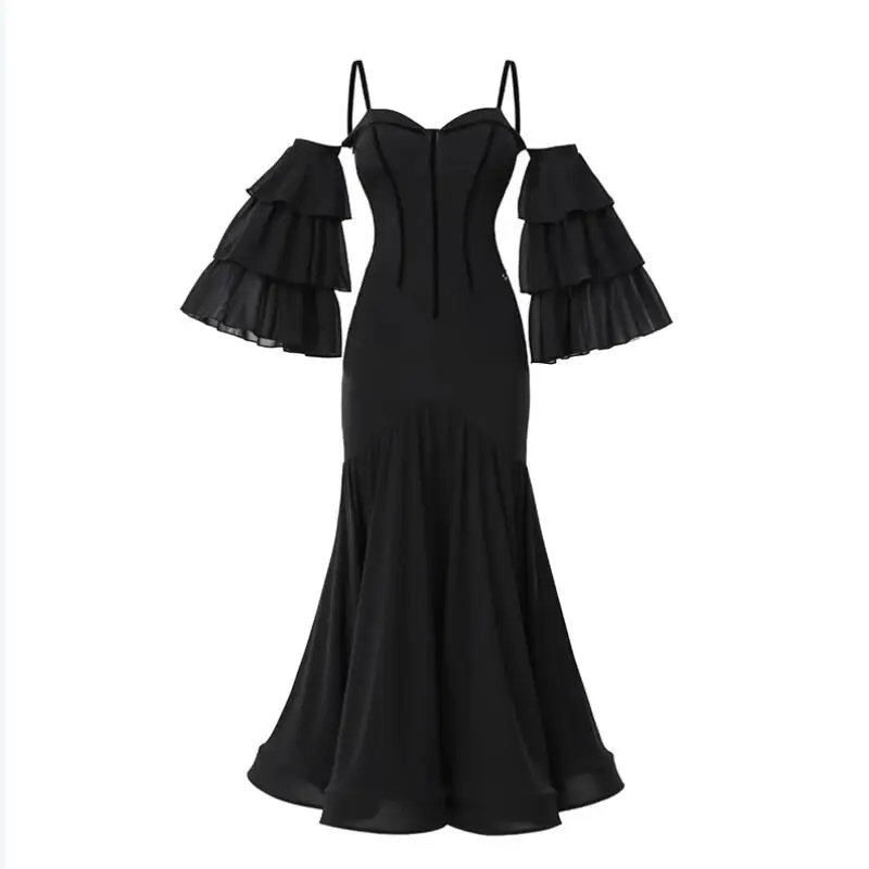 Female Modern Dancing Clothes Women\'S Waltz Ballroom Dance Professional Costume Adults Cake Sleeves Latin Dance Dress SL11012