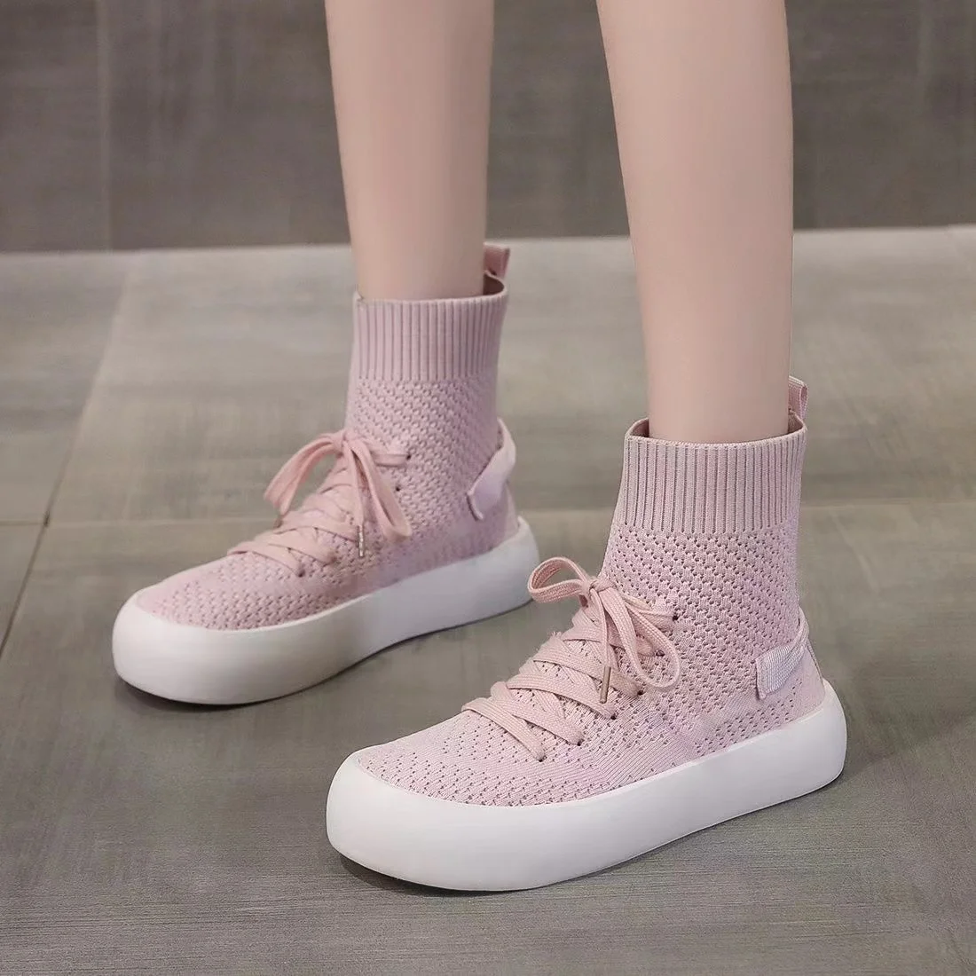 

Elastic Socks Woman Shoes 2025 Spring and Autumn Weaving Knitting Breathable Female Sneakers Lightweight High Top Flat Shoes