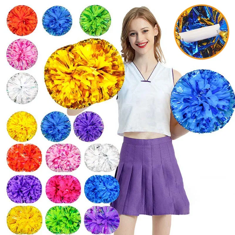 1 Pair Plastic Handle Cheerleader Pom Poms Party Decoration Metallic Shine Streamer Cheerleading Pompom Ball Game Dance Club