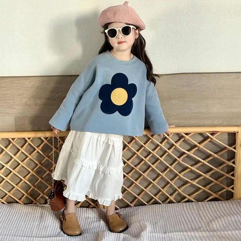 

Korean Childrens Clothing Girl Spring Set Korean Loose Girl Flower Hoodie White Short Skirt Two-piece Set
