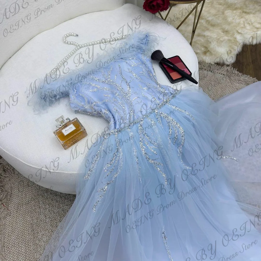 OEING Sky Blue Organza Prom Dresses Sparkly Feathers Jacquard Fabric Evening Gowns Dubai Arabia Party Dress Vestidos De Fiesta