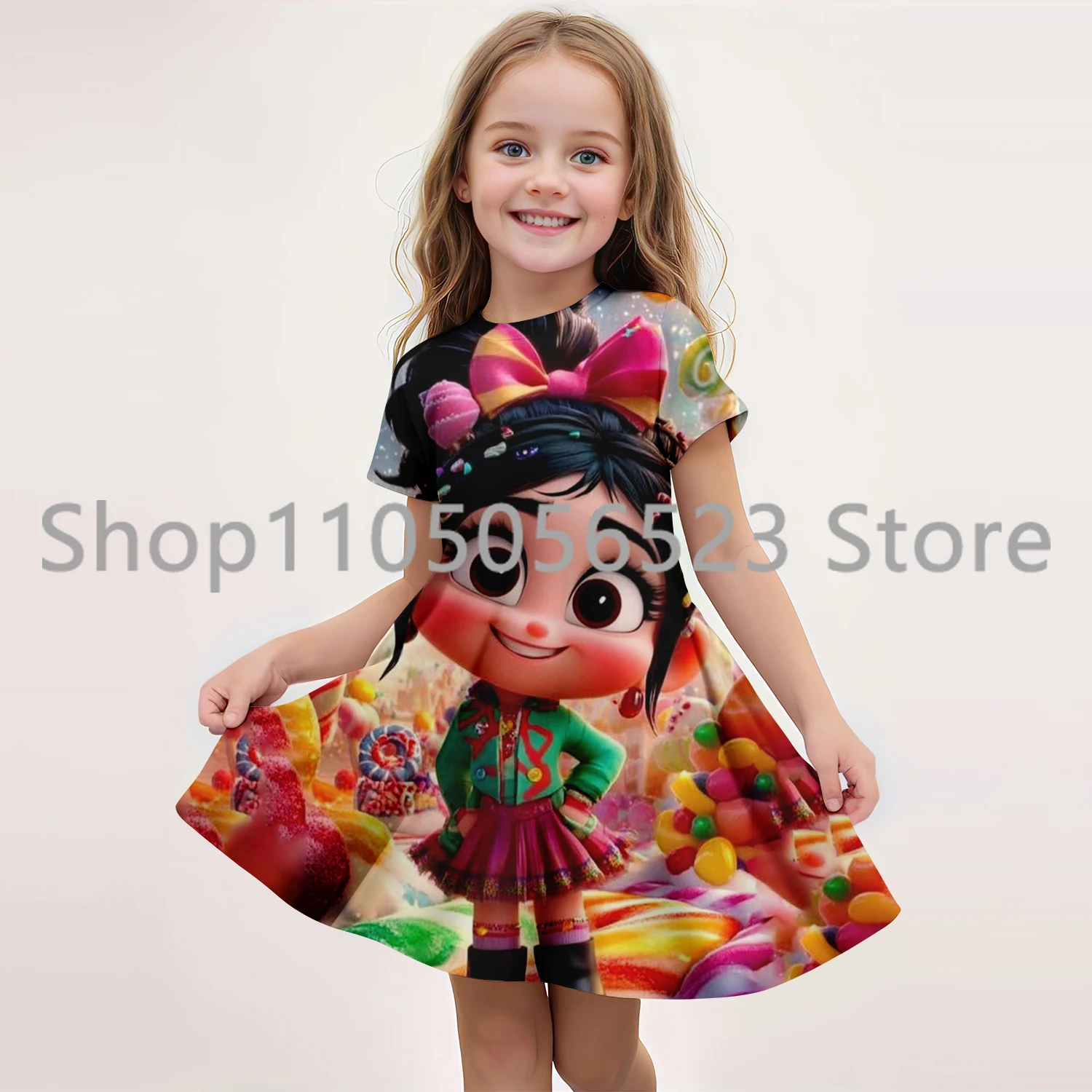 

202 5Summer New Children's Clothing 3D Printed Princess Wreck-it Ralph Short-Sleeved Dress 7-13 Years Kids Performance Clothing