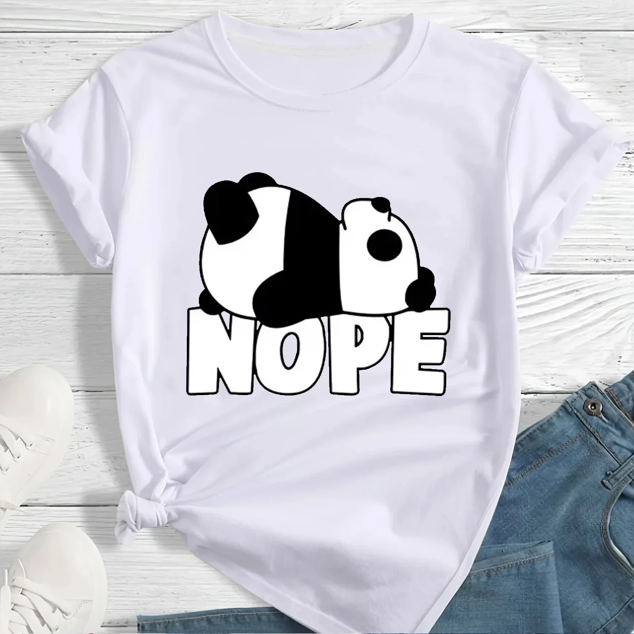 

Милая женская футболка с принтом Nope Panda, свободная футболка с короткими рукавами и круглым вырезом, летняя повседневная уличная одежда Y2k, одежда унисекс, футболка