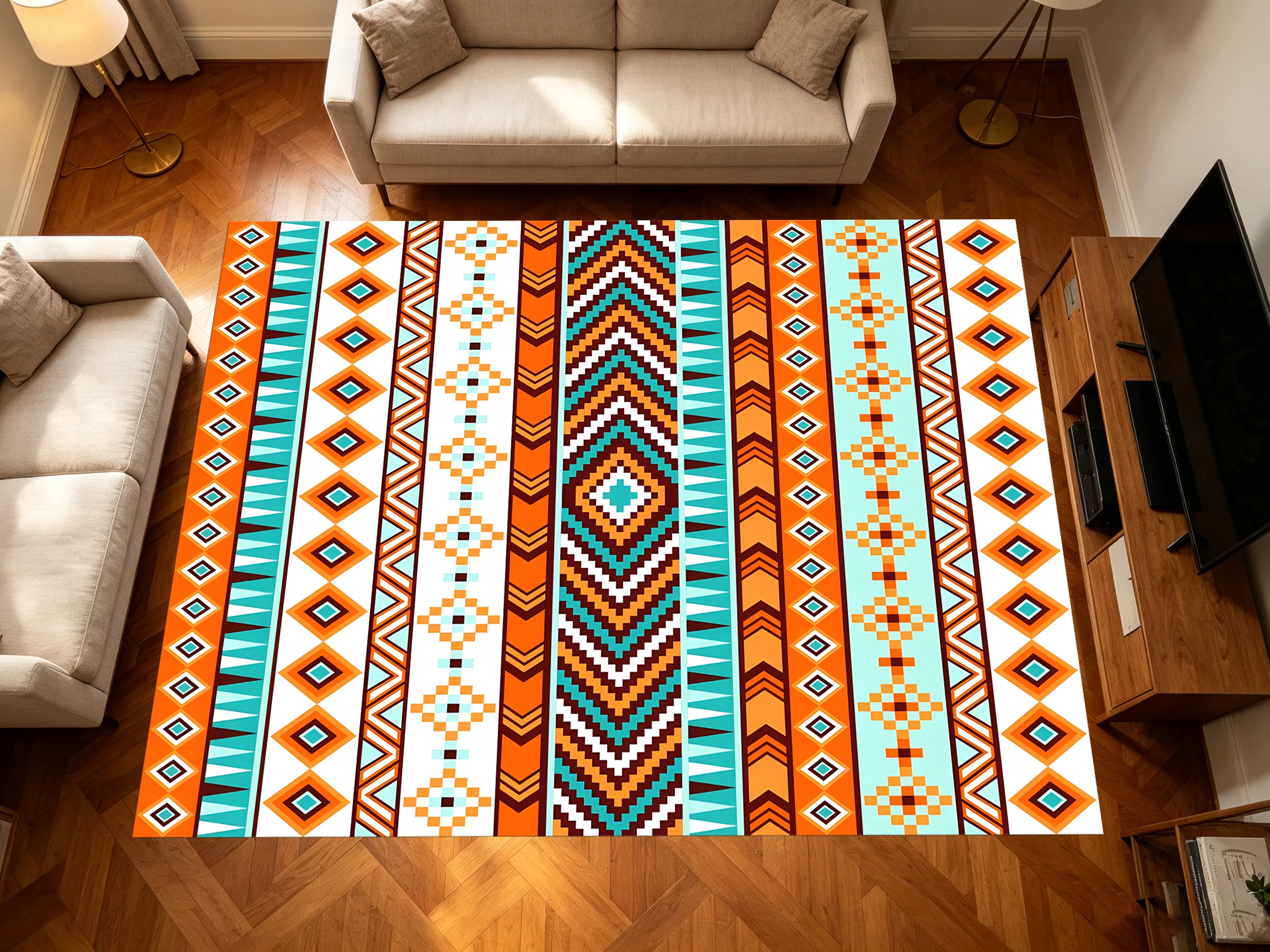 Bohemian Retro-Style Geometric Diamond-Shaped Ethnic Pattern 2D Carpet, Suitable for Living Room and Bedroom