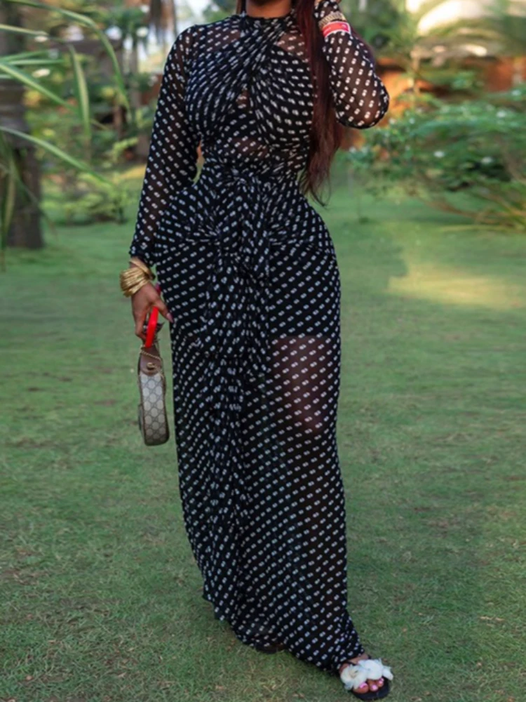 

Новое сексуальное облегающее длинное платье-макси Foamlina с принтом в горошек, воротником-стойкой, длинными рукавами и завязками из лент, приталенное, из сетки